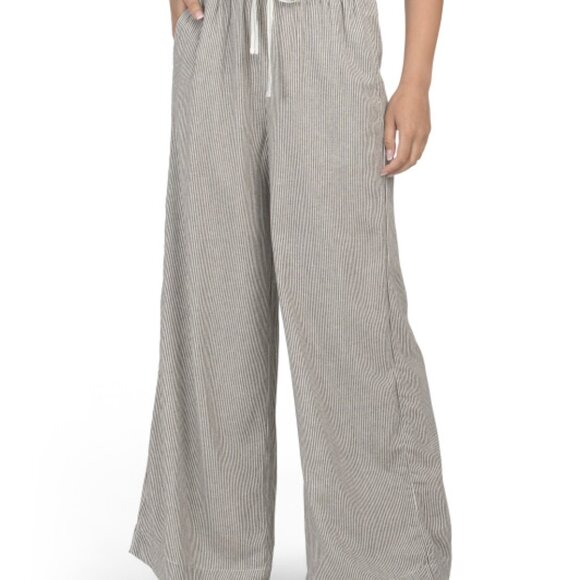 New! Max Studio Linen Wide Leg Waist Tie Striped Pants with...
